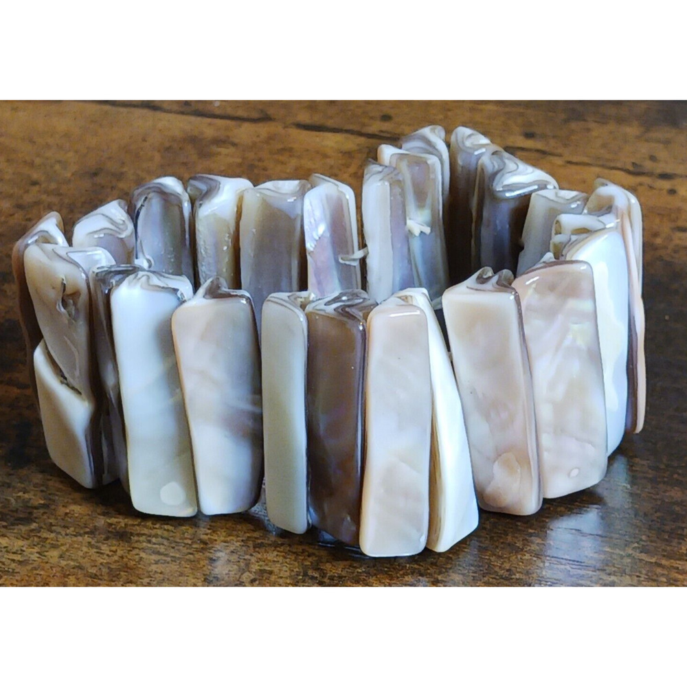 Boho Natural Iridescent Shell Brown Tan Stretch Bracelet Beach Core